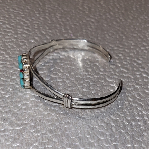 Vintage Sterling,Turquoise & Coral Cuff Bracelet - Picture 5 of 10